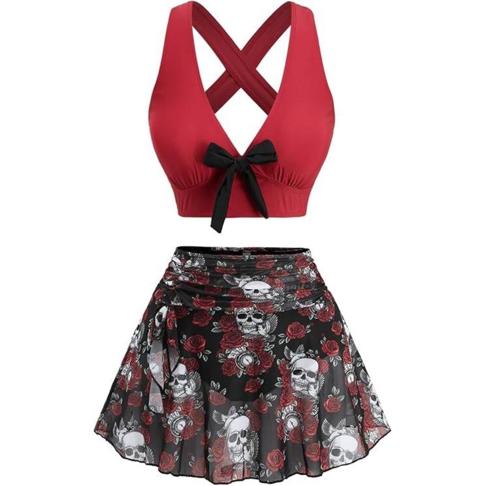 ROSE GAL Women Gothic High Waisted Bikini Red Skull Rose Skirted Swimsuit L